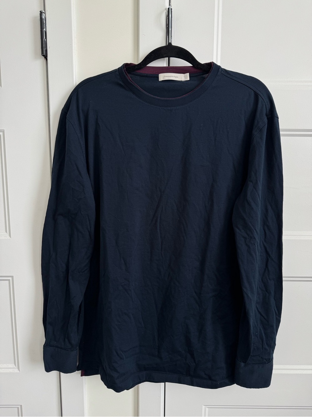 Ermenegildo Zegna Men’s Long Sleeve Cotton Tee with Contrast Neck & Button Cuffs